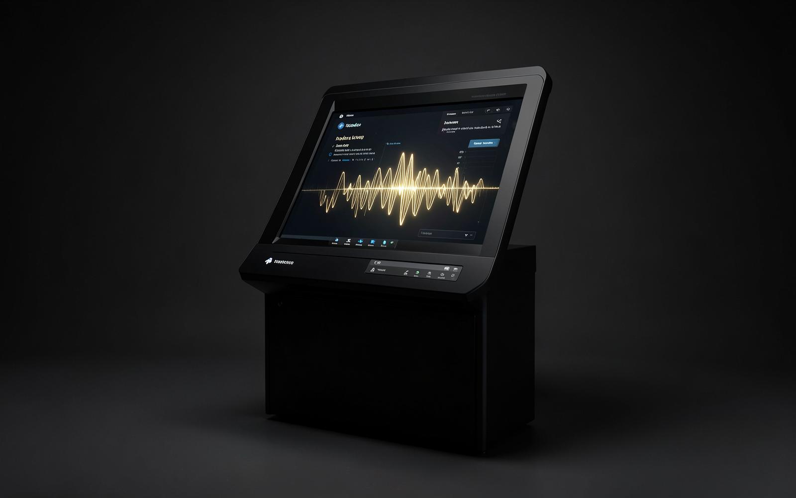 Dark kiosk terminal displaying an AI voice assistant waveform