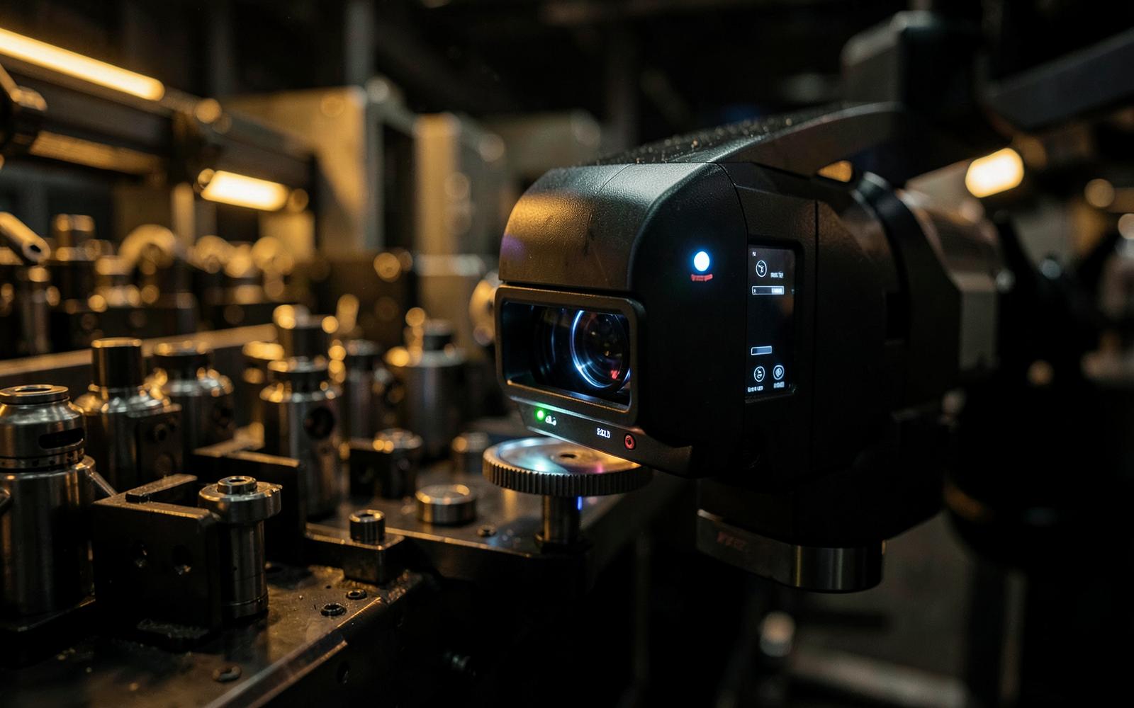 AI machine vision inspection camera above precision components on a production line