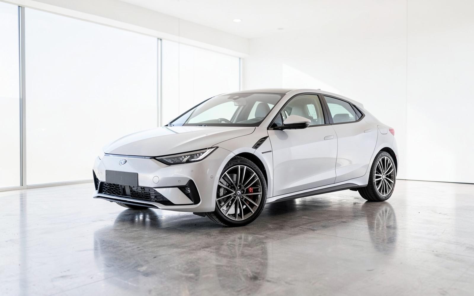 Premium electric car in a bright minimal showroom