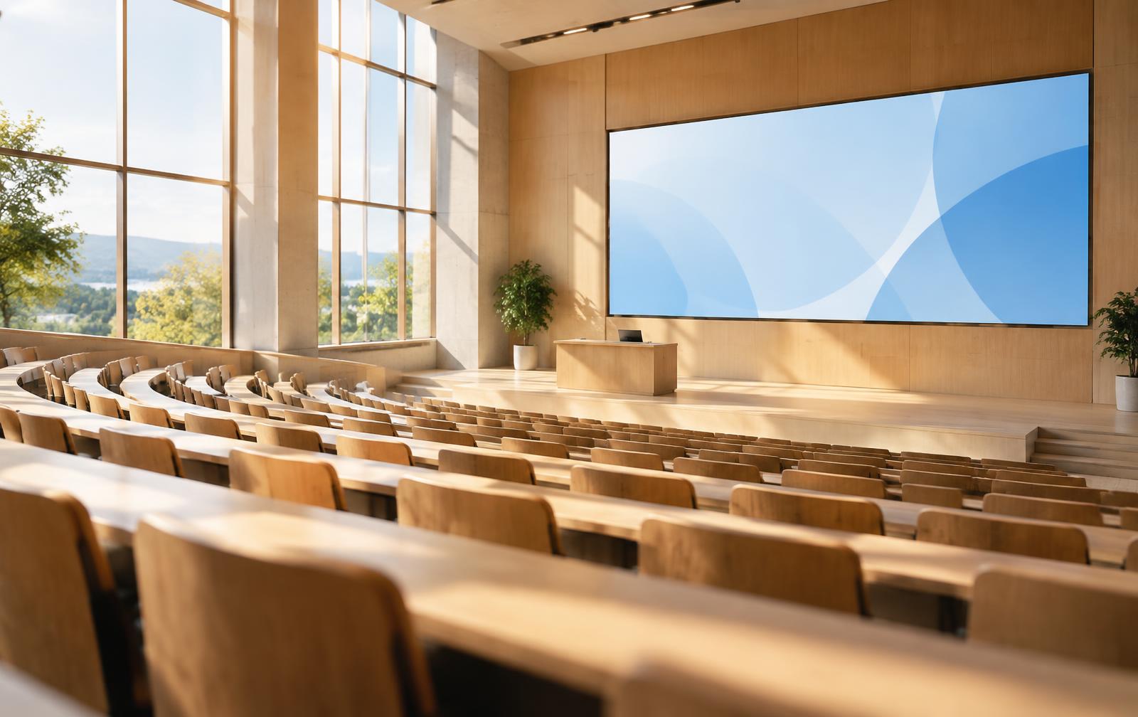 Bright modern classroom with students using interactive smart displays