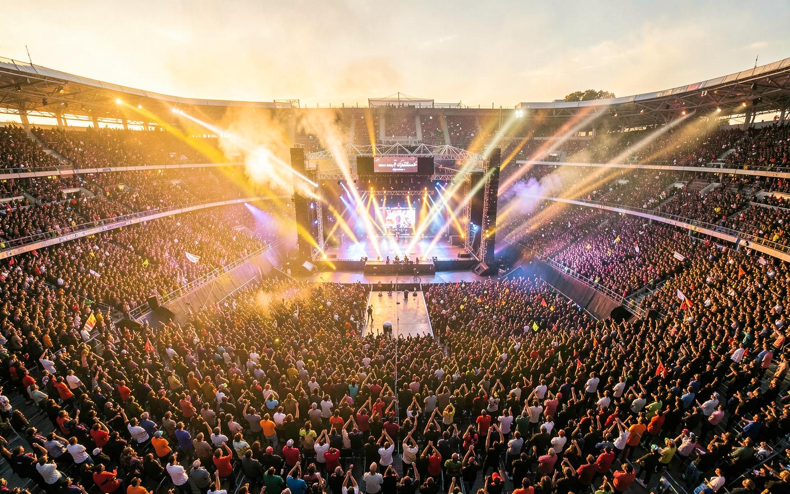 Packed arena crowd with dramatic stage lighting at a large live event