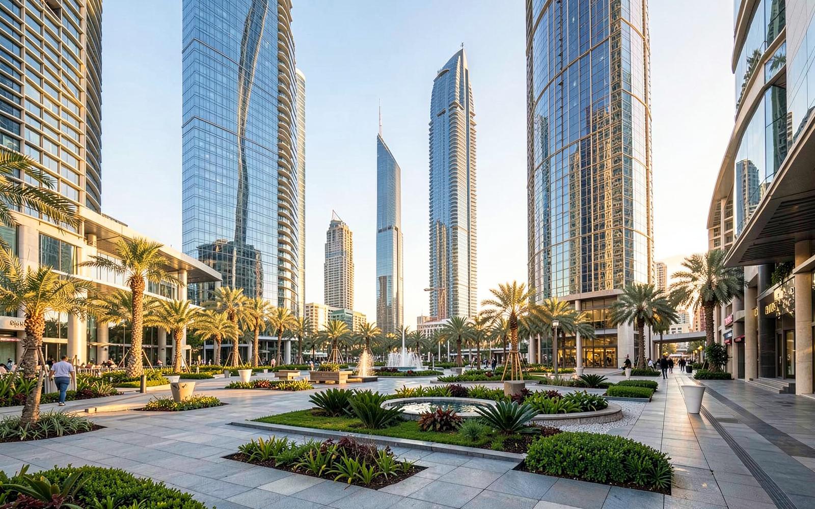 Contemporary glass towers and landscaped plaza in a Gulf city at golden hour